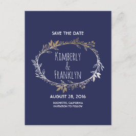 Navy und Gold Floral Wreath Save the Date Ankündigungspostkarte