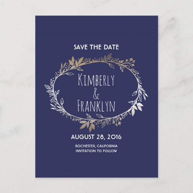 Navy und Gold Floral Wreath Save the Date Ankündigungspostkarte (Vorderseite)