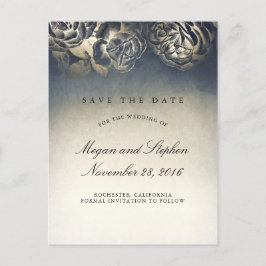 Navy und Gold Foil Vintag Floral Save the Date Ankündigungspostkarte