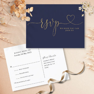 Navy- und Gold-Herz-Schrift-Songwunsch-RSVP-Karte Einladungspostkarte
