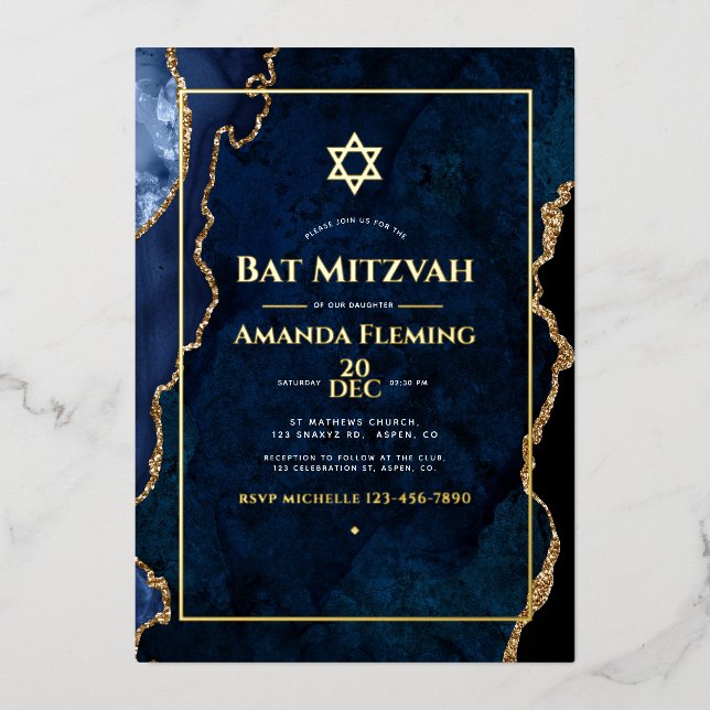 Navy und Gold Imitate Agate Bat Mitzvah Foto Folieneinladung (Vorderseite)
