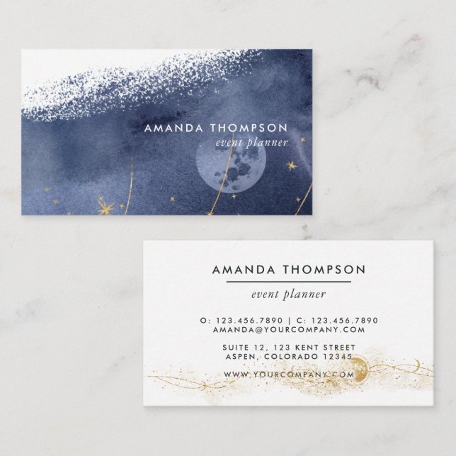 Navy und Gold Lunar Brush Strokes Business Card Visitenkarte (Vorne/Hinten)