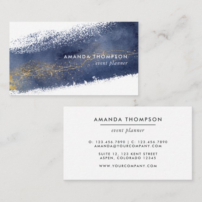 Navy und Gold Lunar Brush Strokes Business Card Visitenkarte (Vorne/Hinten)
