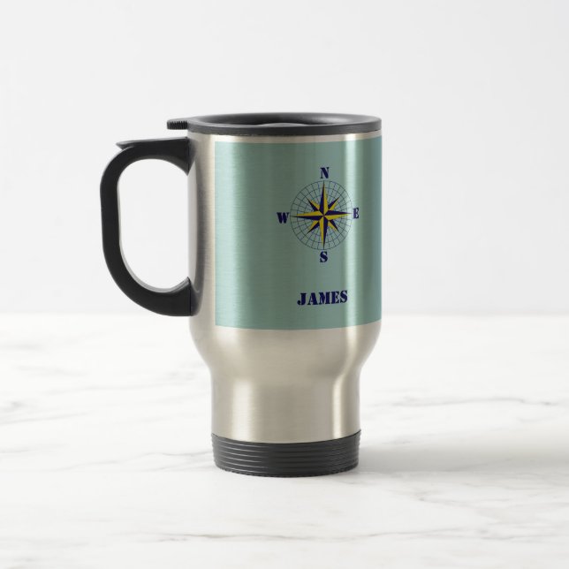 Navy und Gold Nautic Compass Rose mit Namen Reisebecher (Links)