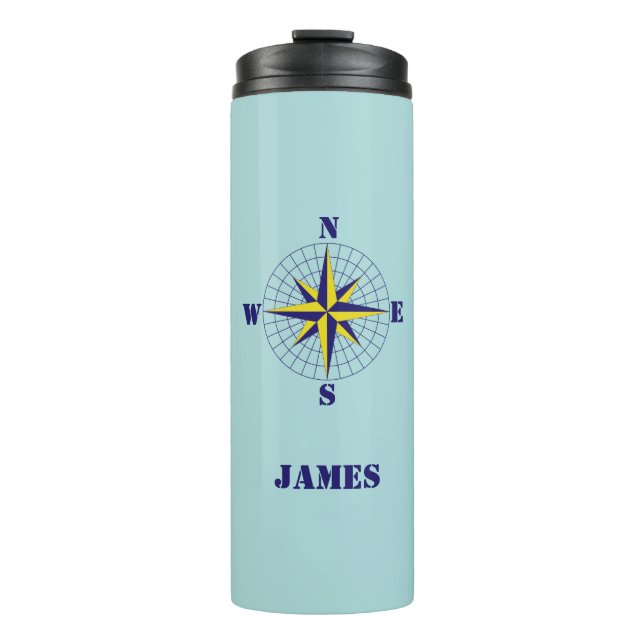 Navy und Gold Nautic Compass Rose mit Namen Thermosbecher (Vorderseite)
