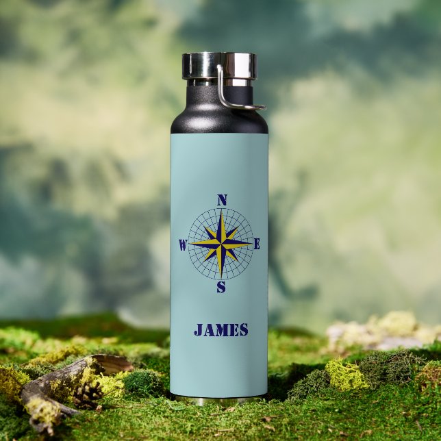 Navy und Gold Nautic Compass Rose mit Namen Trinkflasche (Außenbereich)