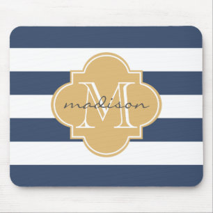 Navy und Gold Nautic Stripes Custom Monogram Mousepad