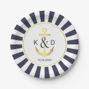 Navy und Gold Nautical Wedding Pappteller