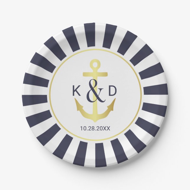 Navy und Gold Nautical Wedding Pappteller (Vorderseite)