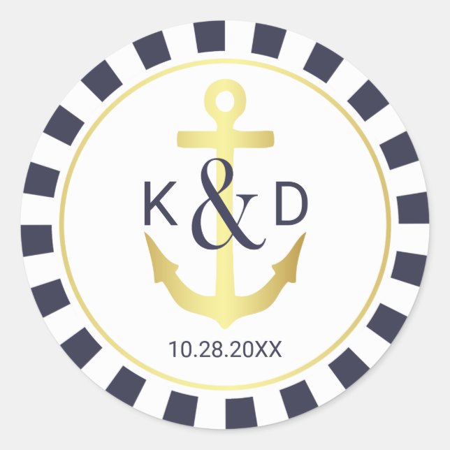 Navy und Gold Nautical Wedding Runder Aufkleber (Vorderseite)