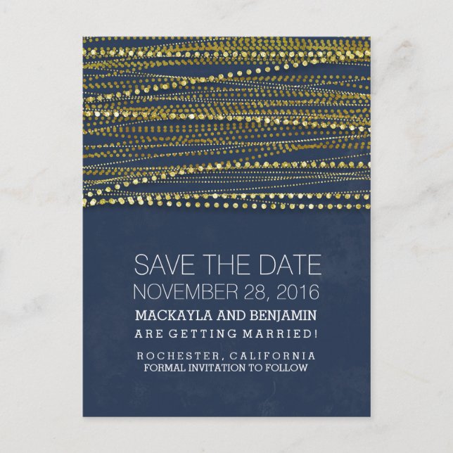 Navy und Gold Save the Date Ankündigungspostkarte (Vorderseite)