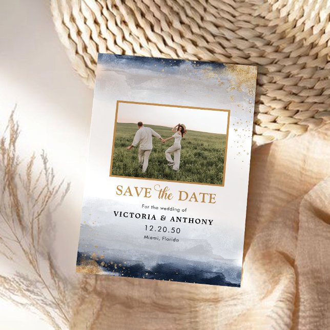 Navy und Gold speichern das Datum mit Fotokarte Save The Date (Von Creator hochgeladen)