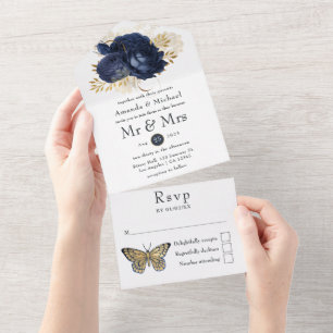 Navy- und Gold Vintage-Shabby-Rosen-Hochzeit All In One Einladung