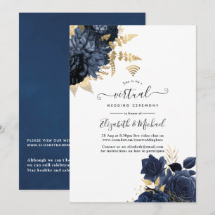 Navy und Gold Vintage Shabby Roses Virtuelle Hochz Einladung