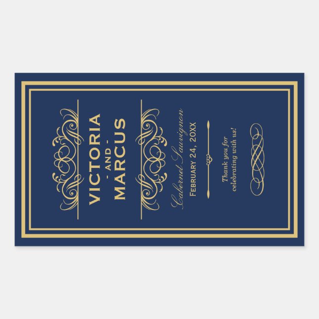 Navy und Gold Wedding Wine Bottle Monogram Bevorzu Rechteckiger Aufkleber (Vorderseite)