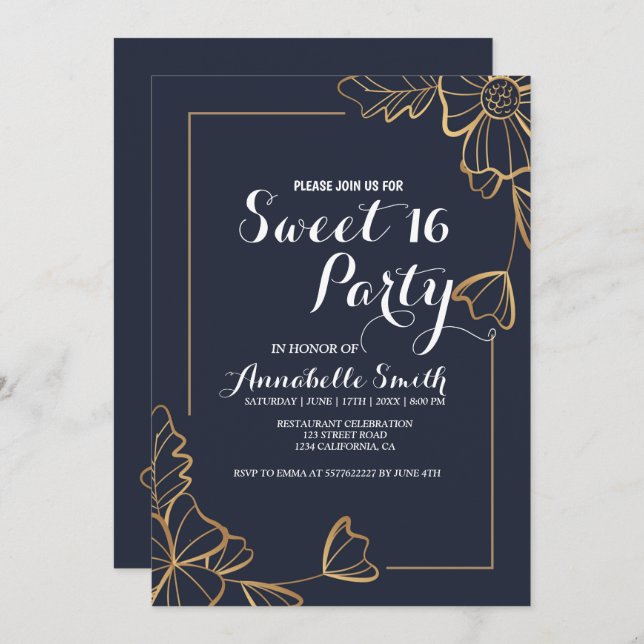 Navy und goldblütig 16 einladung (Vorne/Hinten)