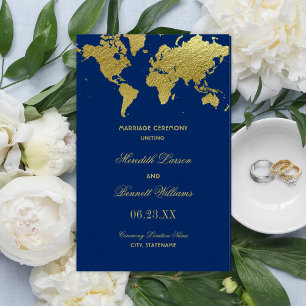 Navy- und Goldfarbene Weltkarten-Hochzeitsprogramm