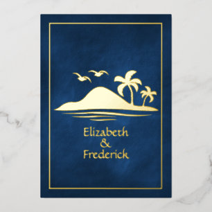 Navy und Goldtropische Strandhochzeit Folieneinladung