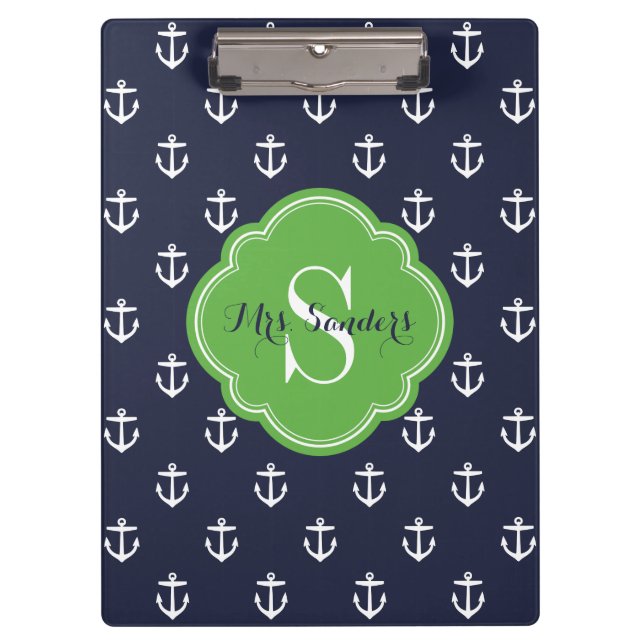 Navy und Green Anchors Custom Monogram Klemmbrett (Vorderseite)