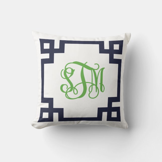 Navy und Green Greece Key Script Monogram - STM Kissen (Vorderseite)