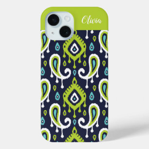 Navy- und Grün-Ikat-Paisley-Monogramm Case-Mate iPhone Hülle