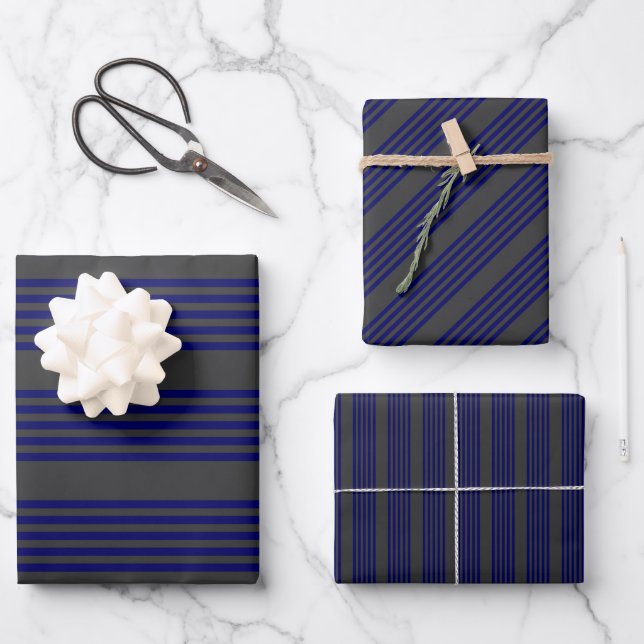 Navy und Holzkohle fünf Streifen Muster Geschenkpapier Set (Vorderseite)