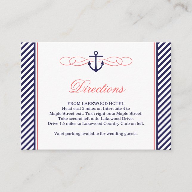 Navy und Koral Nautical Wedding Card Begleitkarte (Vorderseite)