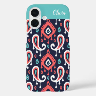 Navy und Koralle Ikat Paisley Monogramm iPhone 16 Hülle