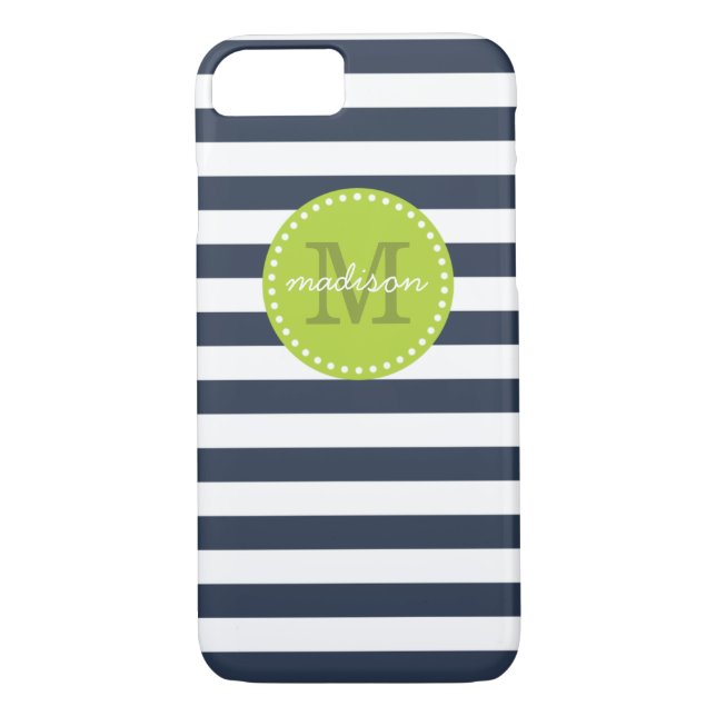 Navy und Lime Green Preppy Strips Custom Monogram Case-Mate iPhone Hülle (Rückseite)