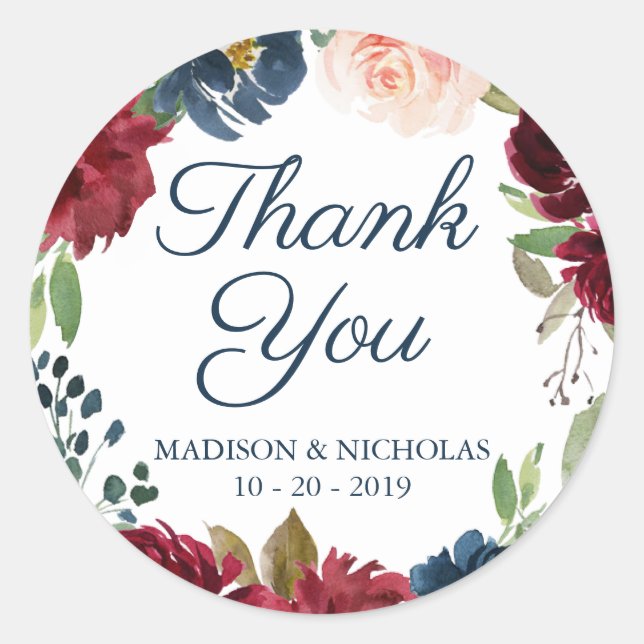 Navy und Marsala Floral Wedding Stickers Vielen Da (Vorderseite)