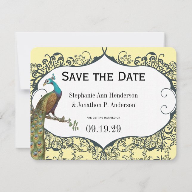Navy und Mustard Peacock Love Bird Save the Date Einladung (Vorderseite)