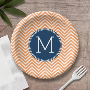Navy und Orange Chevrons mit Custom Monogram Pappteller