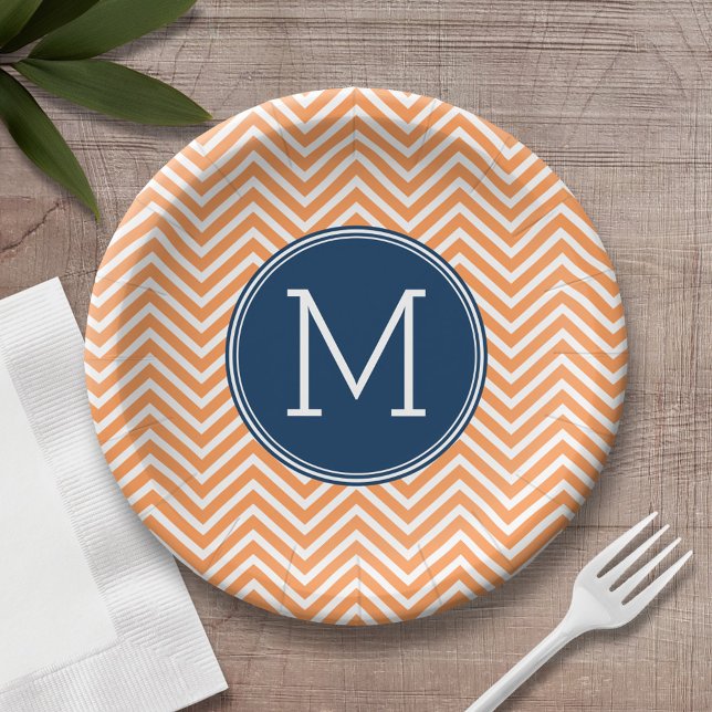 Navy und Orange Chevrons mit Custom Monogram Pappteller (Personalized birthday plate with monogram)