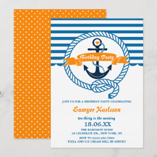 Navy und Orange Nautical Kindergeburtstag Party Einladung