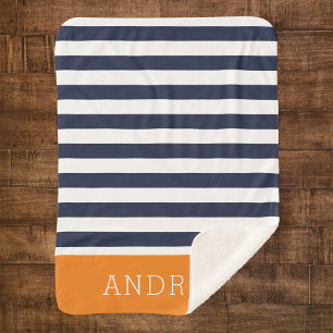 Navy- und orange Streifen Monogramm Farben bearb Sherpadecke