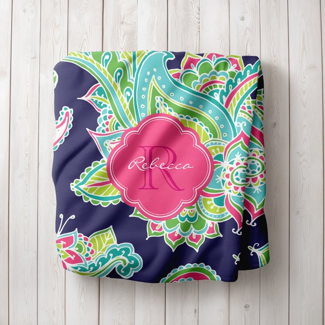 Navy und Pink Boho Paisley Mit Monogramm Fleecedecke (Von Creator hochgeladen)