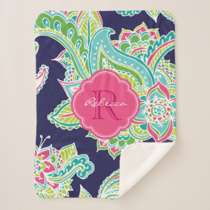 Navy und Pink Boho Paisley Mit Monogramm Sherpadecke