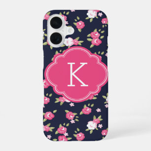 Navy und Pink Chic Vintage Blumenprint Monogramm iPhone 16 Hülle