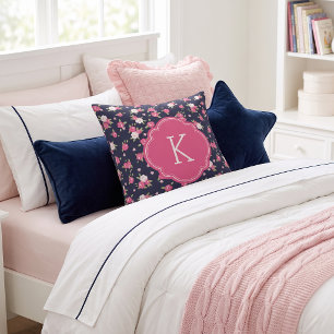 Navy und Pink Chic Vintage Blumenprint Monogramm Kissen