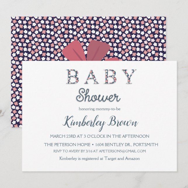Navy und Pink Ditsy Floral Retro Baby Dusche Einladung (Vorne/Hinten)