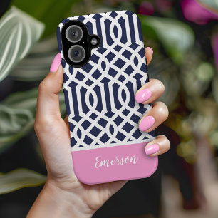 Navy und Pink Gittermonogramm Case-Mate iPhone 14 Hülle