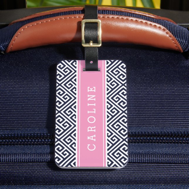 Navy und Pink Griechisch Key Custom Monogram Gepäckanhänger (Vorderseite Insitu 2)