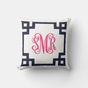 Navy und Pink Griechisch Key Script Monogram - SMR Kissen