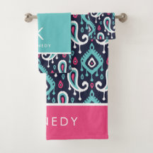 Navy und Pink Ikat Paisley Monogramm
