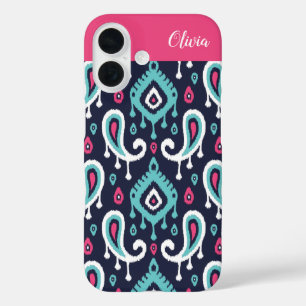 Navy und Pink Ikat Paisley Monogramm iPhone 16 Hülle