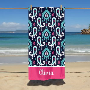 Navy und Pink Ikat Paisley Namensmonogramm Strandtuch