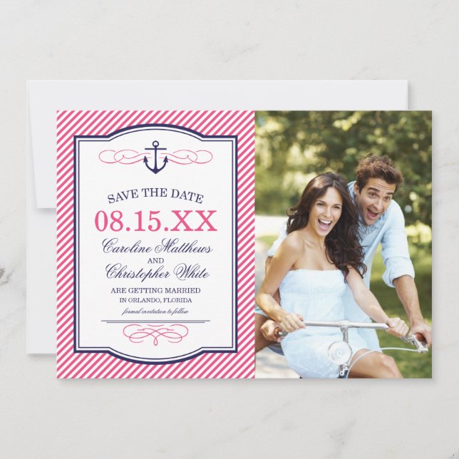 Navy und Pink Nautical Anchor Foto Save the Date (Vorderseite)