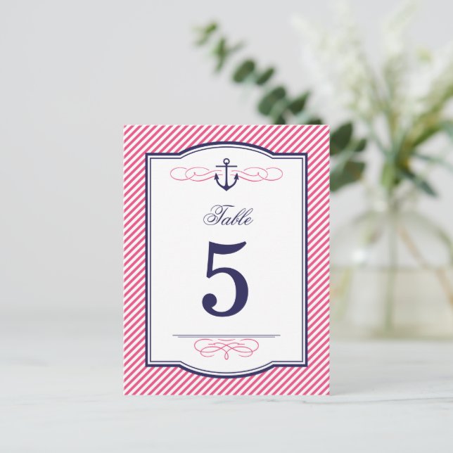 Navy und Pink Nautical Wedding Tischnummer Cards (Stehend Vorderseite)