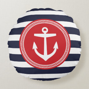 Navy und Red Nautical Stripes and Anchor Rundes Kissen