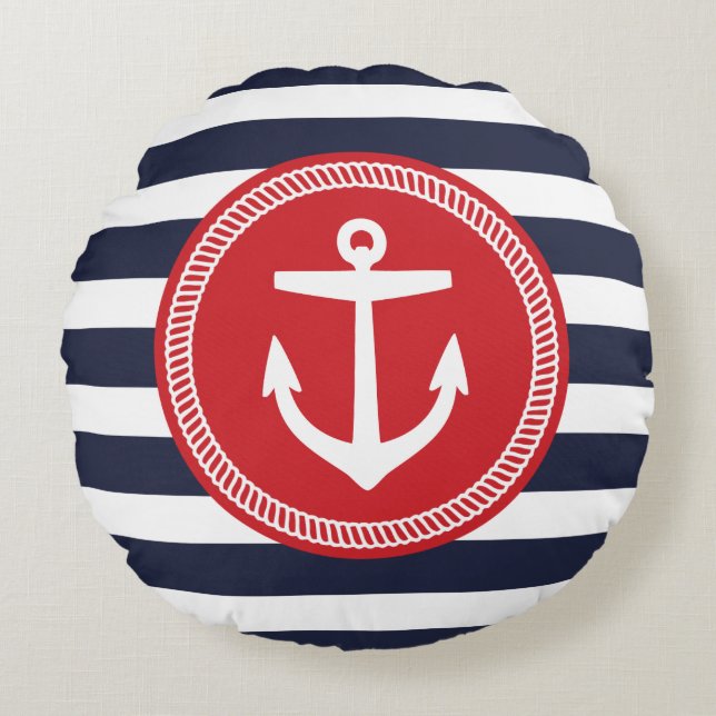 Navy und Red Nautical Stripes and Anchor Rundes Kissen (Vorderseite)
